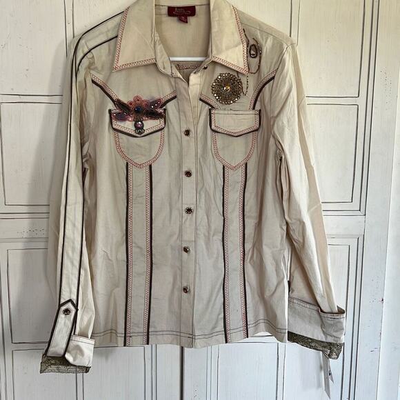 NWT Azita Jeans western embellished blouse shirt button down top size medium - Picture 1 of 4